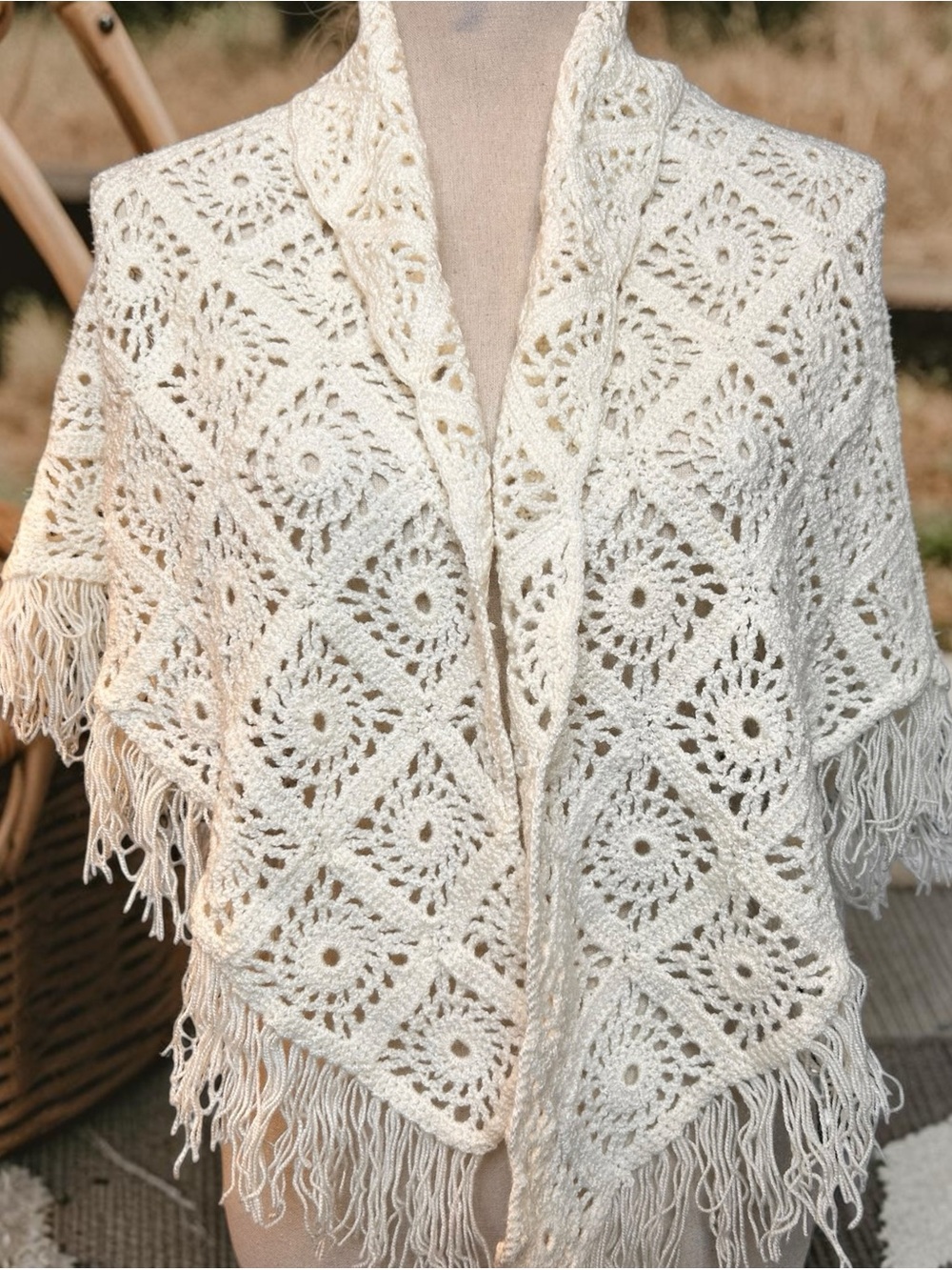 Handmade Crochet Ivory Fringe Shawl Wrap Boho Cottagecore Festival Grandma Chic